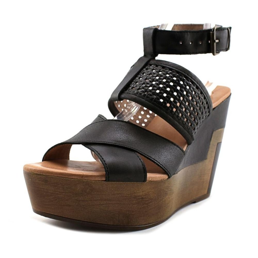 Musse & Cloud black leather platform wedge sandals